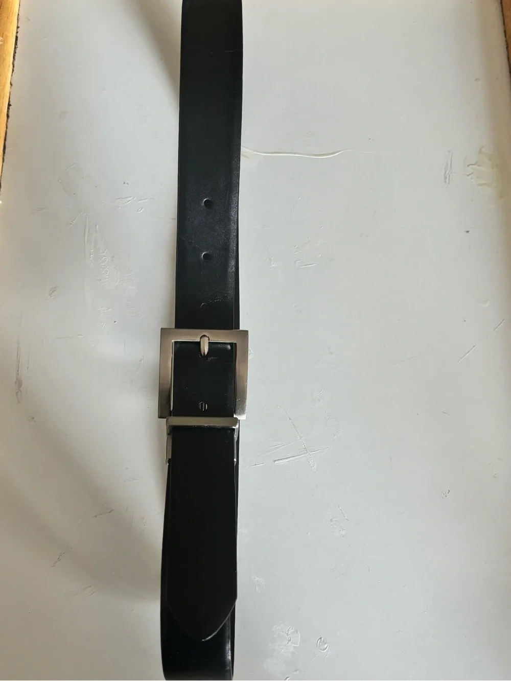 Calvin Klein reversible Polished Silver-Tone Buckle Black Leather Belt